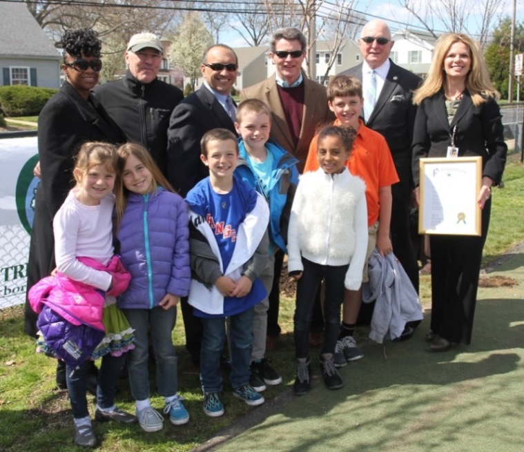 Freeholder Thomas A. Arnone joined local officials and staff and students of Sea Girt Elementary to celebrate Arbor Day on April 24. Pictured left to right in back row: Cassandra Deckle of Monmouth County’s Division of Shade Tree, Michael Matthews, Sea Girt Shade Tree Commission Chairperson, Freeholder Thomas A. Arnone, Mayor Ken Farrell, Robert Ferguson and Dineen Seeley, Superintendent/Principal. 